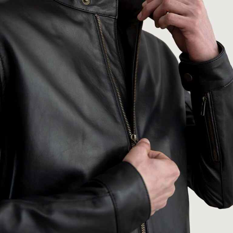 Mens Zen Black Leather Biker Jacket Close-Up-9-1724069725409